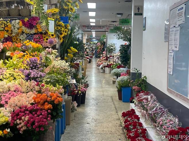 7일 오전 서울 서초구 양재꽃시장에 카네이션이 진열된 모습. 가게마다 카네이션이 빼곡히 쌓였지만 손님은 거의 눈에 띄지 않았다./사진=이현수 기자.