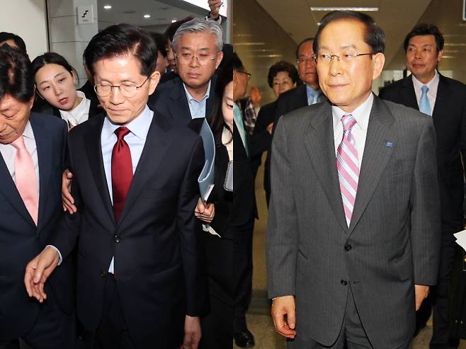 김문수 국민의힘 대선 후보가 당무우선권을 단일화 요구 조건으로 내걸자 야권 통합 논의가 시작부터 주도권 싸움으로 흐르고 있다. 사진은 대선후보 일정을 중단한 김 후보(왼쪽)와 자유선진당 대표 사퇴 기자회견에 나선 이회창 전 한나라당 총재(오른쪽). /사진=뉴시스, 머니투데이 DB