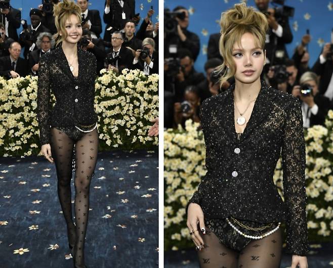 뉴욕 ‘매트갈라’ 행사에서 리사는 레이스 장식의 빛나는 검정색 재킷에 루이뷔통 로고가 수 놓인 망사 스타킹만 신은 채 다른 하의는 걸치지 않은 패션으로 시선을 집중시켰다. [연합]