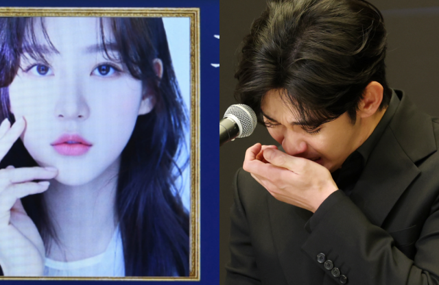 2월 17일 서울 송파구 서울아산병원의 장례식장에 마련된 배우 김새론의 빈소. 31일 기자회견에서 배우 김수현이 故 김새론과의 논란에 대해 해명하던 중 눈물을 보이고 있다. 뉴스1