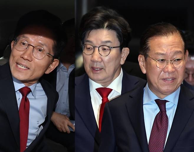 왼쪽은 김문수 국민의힘 대선 후보가 5월6일 경북 경주시 경주화백컨벤션센터에서 일정 중단을 선언한 뒤 이동하는 모습. 오른쪽은 같은 당 권영세 비상대책위원장과 권성동 원내대표가 5월5일 서울 여의도 국회에서 열린 의원총회에 참석하고 있는 모습. ⓒ연합뉴스