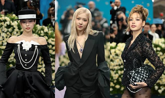 5월 5일(현지시각) 미국 뉴욕에서 열린 ‘2025 멧 갈라’ (The 2025 Met Gala)에 참석한 그룹 블랙핑크 제니(왼쪽부터), 로제, 리사. 게티이미지