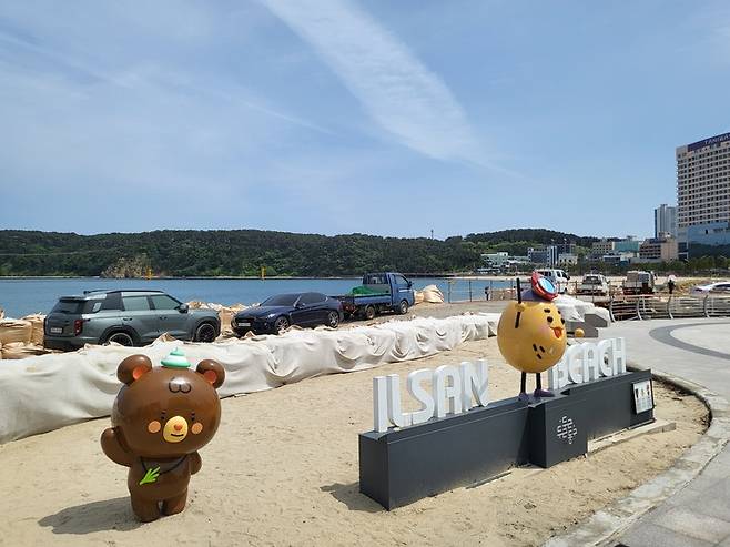 8일 일산해수욕장 조형물 뒤 모래사장에 공사 관련 차량들이 줄지어 있다.