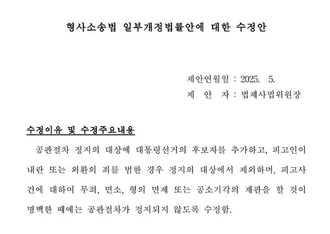 민주당이 지난 7일 국회 법사위에서 수정 가결한 형사소송법 개정안. 원안에 없던, 대통령 후보자로 등록만 해도 재판이 정지된다는 내용, 무죄 등을 선고할 재판은 계속 해도 된다는 내용이 추가됐다.