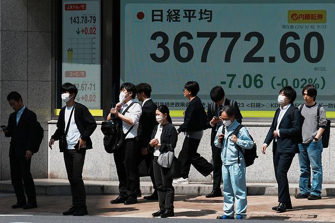 8일 일본 도쿄의 한 증권사 건물 앞에 일본 닛케이 지수가 적힌 전광판 앞에 사람들이 서 있다. /AP=연합뉴스