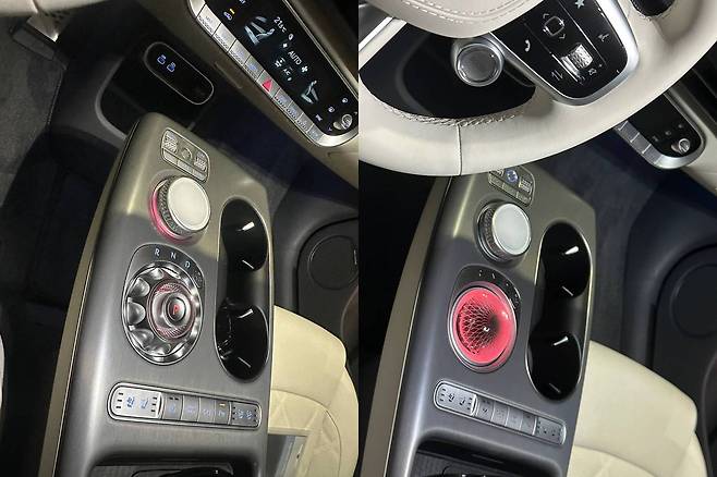 주행 중에는 기어 조그 다이얼 역할(왼쪽)을 하다가 주행을 마치면, 크리스탈 스피어로 바뀌는 모습 / 출처=IT동아