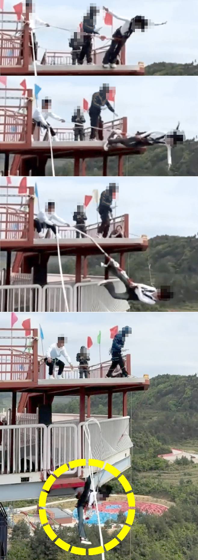 중국 서남부 구이저우(貴州)성의 한 번지점프장에서 한 인플루언서가 점프 도중, 직원이 줄을 놓지 않아 낙하하지 못하고 아래 난간에 부딪혀 골절상을 입는 아찔한 사고를 당했다. 사진 웨이보 캡처