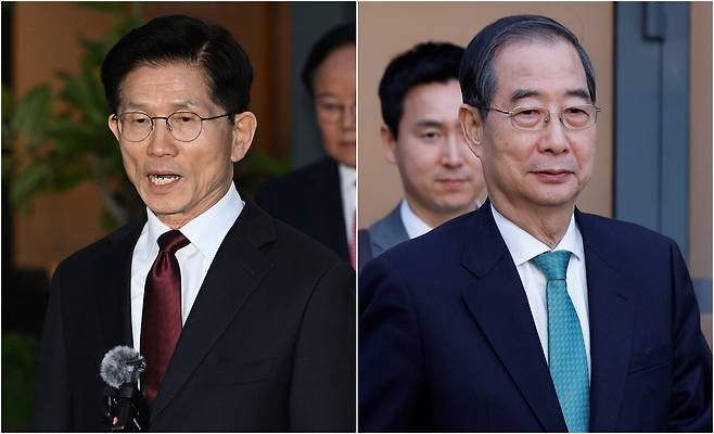 김문수 국민의힘 대선 후보와 한덕수 무소속 대선 예비후보가 7일 서울 종로구의 한 식당에서 김문수 국민의힘 대선후보와 후보 단일화 관련 회동을 마친 후 식당을 나서고 있다. 이병주 기자