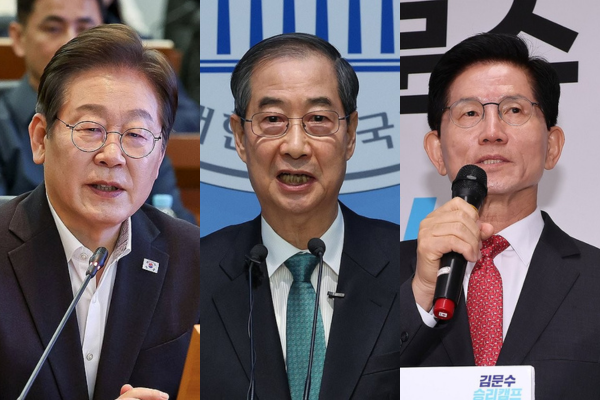 왼쪽부터 이재명 더불어 민주당 대선후보, 한덕수 전 총리, 김문수 국민의힘 대선 후보. 연합뉴스