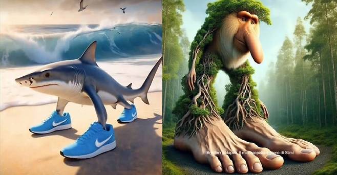 이탈리안 브레인롯의 또 다른 캐릭터인&nbsp;‘트랄랄레로 트랄랄라’(왼쪽)와&nbsp;‘브르르 브르르 파타핌’.&nbsp;유튜브 캡처