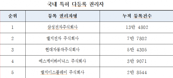 국내  특허 다 등록 권리자. 특허청