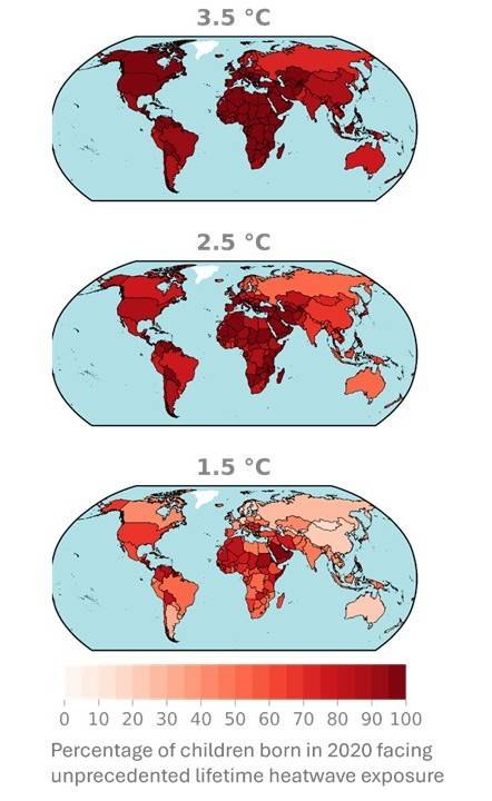 세가지 온난화 시나리오별 '전례 없는 폭염'에 노출되는 어린이 비율  [Grant et al., 2025, Nature 제공. 재판매 및 DB 금지]