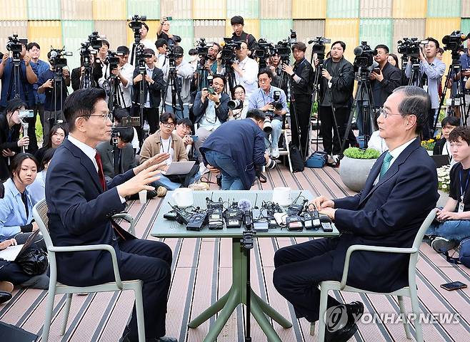 단일화 관련 2차 회동하는 김문수-한덕수 (서울=연합뉴스) 류영석 기자 = 국민의힘 김문수 대선후보와 무소속 한덕수 대선 예비후보가 8일 서울 국회 사랑재에 위치한 커피숍에서 후보 단일화 관련 회동을 하고 있다. 2025.5.8 [공동취재] ondol@yna.co.kr