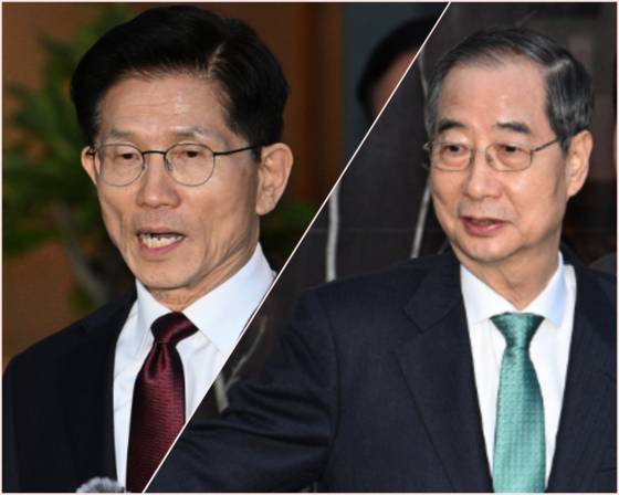 김문수 국민의힘 대선 후보(왼쪽)와 한덕수 무소속 대선 예비후보. 〈사진=공동취재, 연합뉴스〉