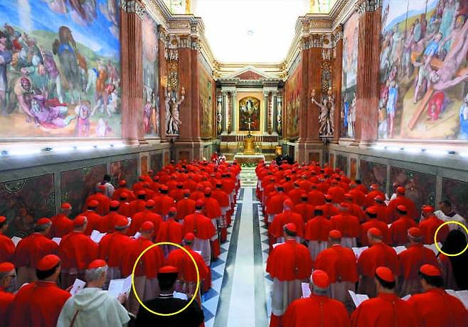 7일 새 교황을 뽑는 콘클라베에 참여하는 가톨릭 추기경들이 바티칸 파올리나 경당에 모여있다. 대부분 빨간 옷 차림이지만 노란 원 안에 표시된 추기경은 동방 가톨릭 교회 소속임을 나타내는 검은 수단을 입고 있다. /AFP 연합뉴스