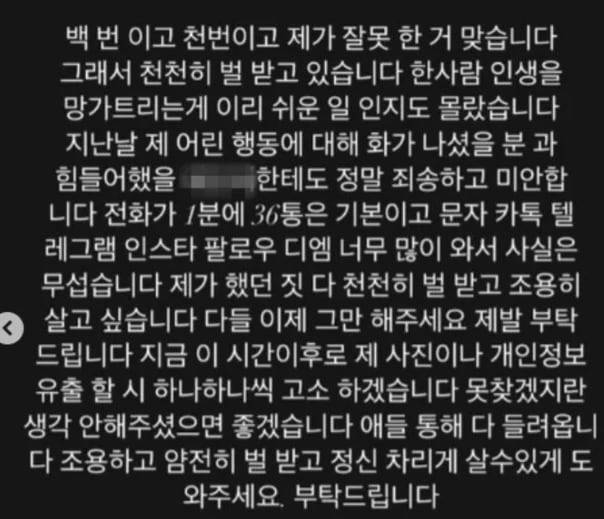 '인천 송도 11년생 학폭 영상' 속 가해 학생이 쓴 것으로 추정되는 사과문. /인스타그램