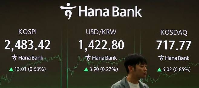 서울 중구 하나은행 딜링룸 전광판에 지수가 표시 되고 있다(자료사진). ⓒ뉴시스