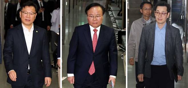 이양수 국민의힘 사무총장, 김문수 대선후보 측 김재원 비서실장, 한덕수 무소속 대선후보 측 손영택 전 국무총리 비서실장(사진 왼쪽부터)이 9일 오후 국회에서 열린 '김문수-한덕수 대선후보 측 단일화 협상'에 참석하고 있다. ⓒ뉴시스