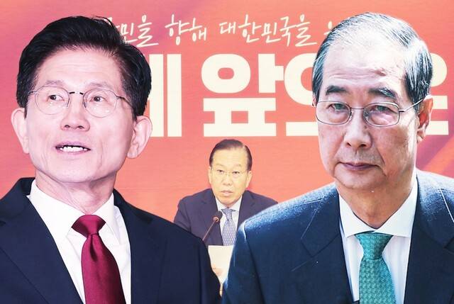 김문수 국민의힘 대통령 후보와 한덕수 무소속 대통령 후보. 한겨레 자료사진