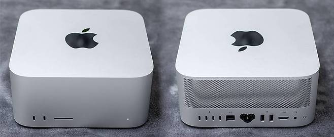 M4 맥스 제품은 전면이 10Gbps C형 단자고, M3 울트라 제품은 썬더볼트 5 규격이다. 후면 단자는 두 제품 구성이 같다 / 출처=IT동아