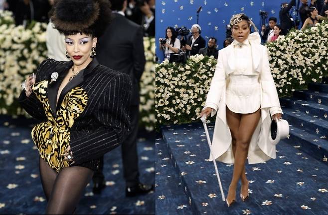 (왼쪽부터) 마크 제이콥스 의상을 입은 도자 캣과 몬세 드레스를 입은 타라지 P. 헨슨. 사진=게티이미지