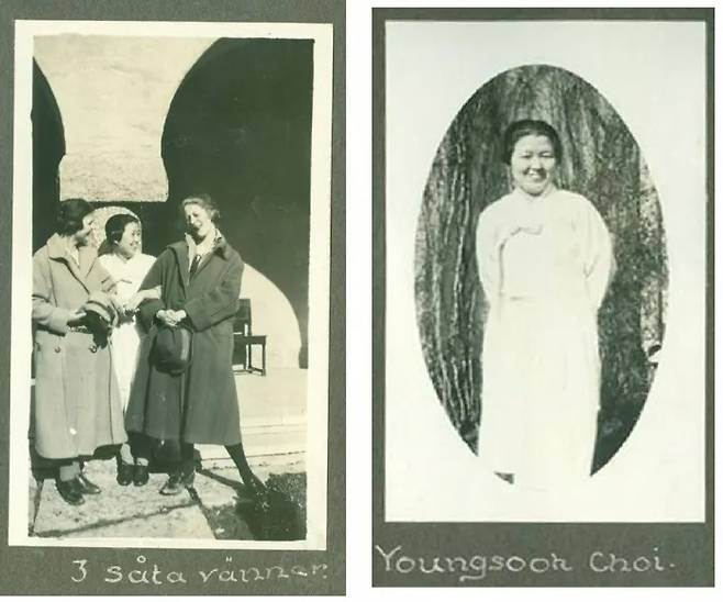 최영숙은 스웨덴에서 한복을 즐겨 입었다. 일제 강점기 상황을 늘 알리려 했다. 왼쪽은 시그투나 인민학교를 다닐 때 친구들과 찍은 사진이다. ‘3명의 귀여운 친구들’이라고 적혀 있다. 출처는 시그투나스티프텔센 도서관 아카이브. 이효진 제공