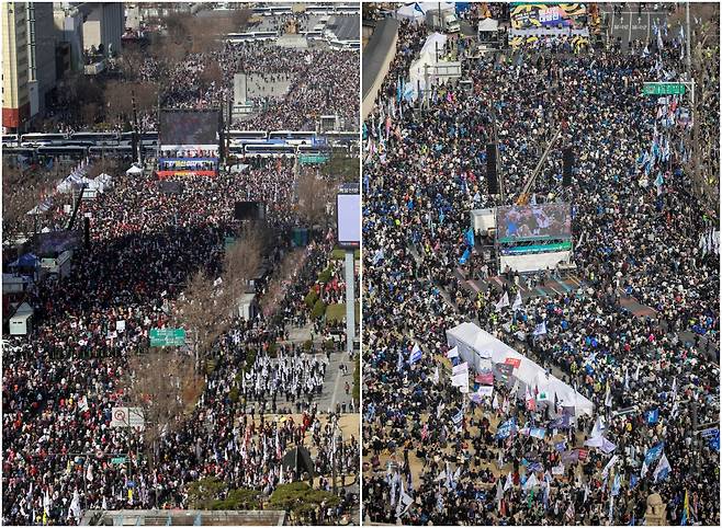 지난 3월 15일 광화문 광장에서 대한민국바로세우기운동본부가 주최한 '윤석열 대통령 탄핵 반대 집회'가 열리고 있다. 오른쪽 사진은 같은 날 경복궁 일대에서 '윤석열 즉각 퇴진·사회대개혁 15차 범시민대행진'이 열리고 있는 모습. 연합뉴스