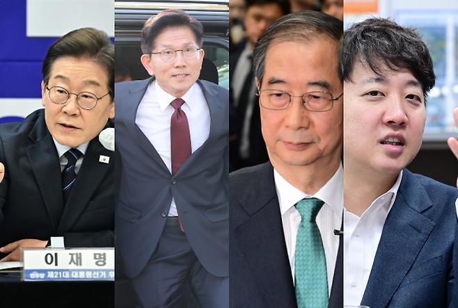 이재명 더불어민주당 대선 후보, 김문수 국민의힘 대선 후보, 한덕수 무소속 대선 예비후보, 이준석 개혁신당 대선후보(왼쪽부터)