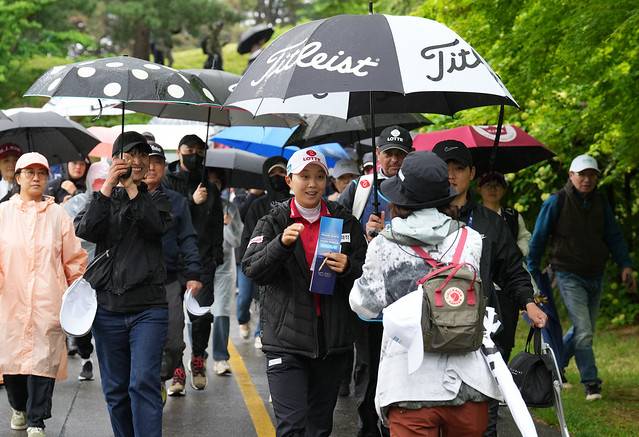 1라운드 도중 팬클럽 회원들의 응원 속에 이동중인 김효주. [사진=대회 조직위 제공]