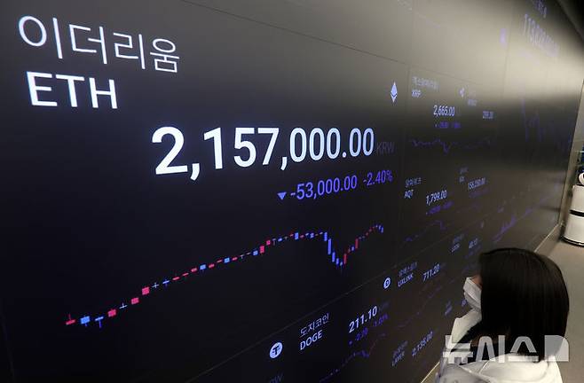 [서울=뉴시스] 이영환 기자 = 도널드 트럼프 미국 대통령발 관세 전쟁에 비트코인 가격이 7만5000달러선까지 하락한 9일 오전 서울 강남구 업비트 고객센터 전광판에 이더리움 시세가 표시되고 있다. 2025.04.09. 20hwan@newsis.com