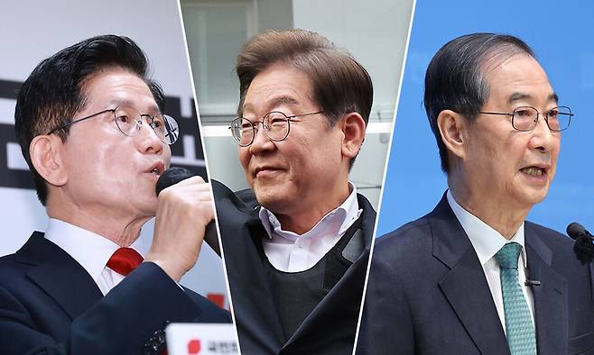 사진 왼쪽부터 김문수 국민의힘 대선 후보, 이재명 더불어민주당 대선 후보, 한덕수 무소속 대선 예비 후보 ⓒ연합뉴스