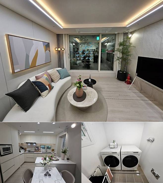 현관에는 대형 펜트리가 마련돼 큰 짐을 보관하기 용이하도록 했고, 세탁기와 건조기를 위아래가 아닌 나란히 배치해도 넉넉한 다용도실도 눈에 띄었다.59A타입 전경.ⓒ데일리안 배수람 기자