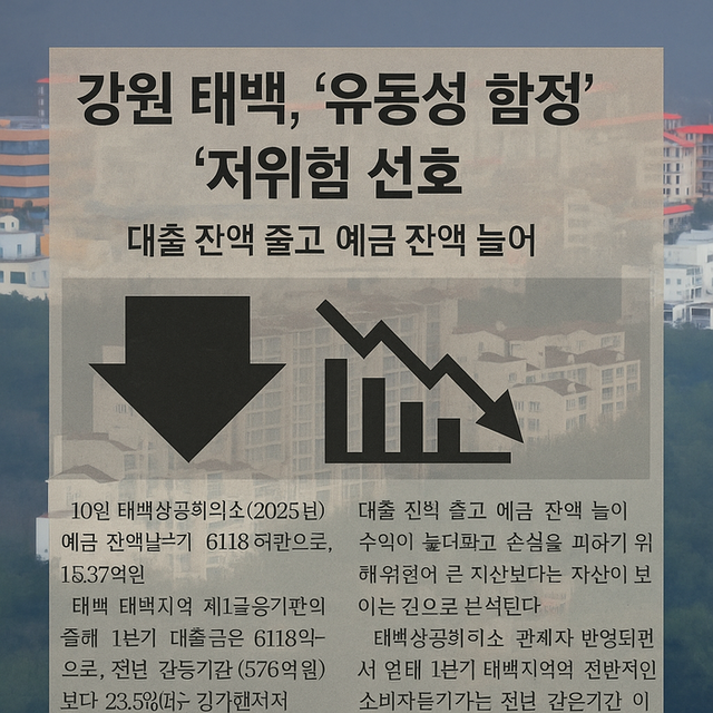 ▲ 강원 태백시 관내 제1금융기관의 2025년 1분기 예금잔액은 1조3447억원으로, 전년 같은기간(1조1706억원)에 비해 14.9%(1741억원) 증가한 반면 대출금은 전년 같은기간(3873억원) 보다 23.5%(910억원) 감소한 2963억원으로 나타났다. ChatGPT가 생성한 이미지.