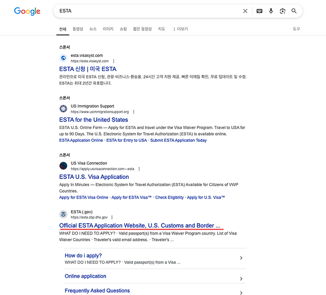 구글에 ESTA라고 검색했을 때 나오는 화면이다. 공식 사이트는 4번째에 있다 / 사진=구글 캡쳐