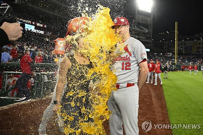 인터뷰 중인 페디를 음료수로 축하해주는 동료들 [AP=연합뉴스]