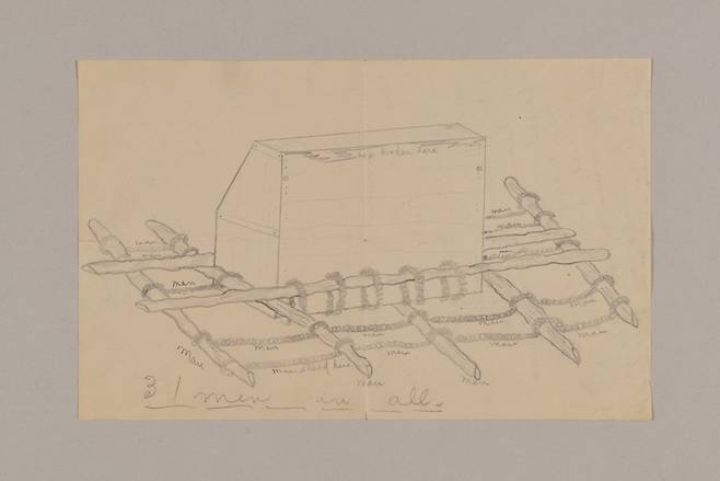 사보담 선교사 부인 에피가 그린 스케치.  피아노 운반 도구를  그렸다. 사문진 나루터에서 대구 시내 종로의 집까지 장정 20여명이 2박3일간 달라붙어 날랐다. 16킬로미터 정도였다고 한다. /부산박물관