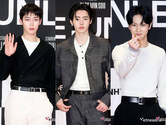 11일 서울 강남구 메가박스 코엑스에서는 엔하이픈 미니 6집 'DESIRE : UNLEASH'(디자이어 : 언리시) 콘셉트 시네마 상영회가 열렸다. (왼쪽부터) 선우, 성훈, 정원이 포토타임에 응하고 있다.(사진=이승훈기자)