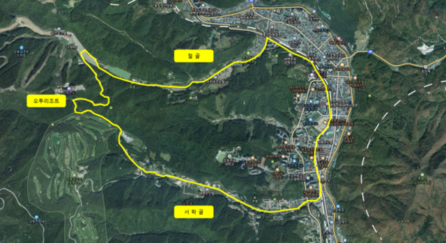 ▲ 강원 태백시가 절골에서 오투리조트를 거쳐 서학골을 잇는 폭 4m, 길이 13km에 달하는 아스콘 포장 산책로를 조성하고 있어 지역주민과 관광객들에게 건강·힐링 산책코스로 인기를 끌 것으로 전망된다. 절골~오투리조트~서학골 구간 노선도.