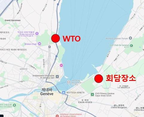 스위스 제네바 콜로니의 회담장소. 세계무역기구(WTO)와 멀지 않은 곳에 자리잡고 있다. / 구글맵에 표시