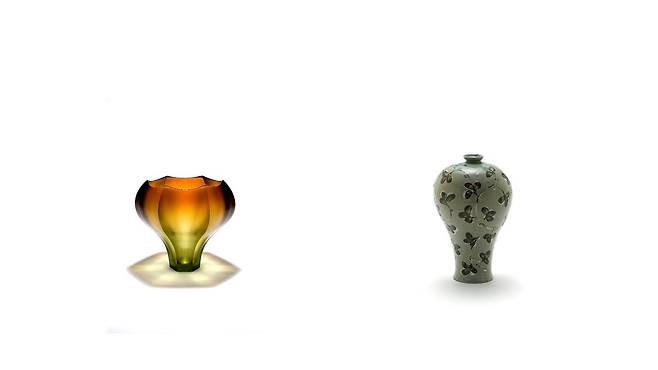Craft artists  Kim Joon-yong's work (left) and Cho Jang-hyun's work that are on display at "The Heart of Craft" exhibition in Seoul. (Courtesy of Yeol Korean Heritage Preservation Society )