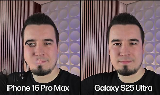 기괴한 사진의 아이폰16 프로맥스(왼쪽)와 갤럭시S25 울트라 (오른쪽) AI기능 비교 [사진, 맥스 테크(Max Tech)]