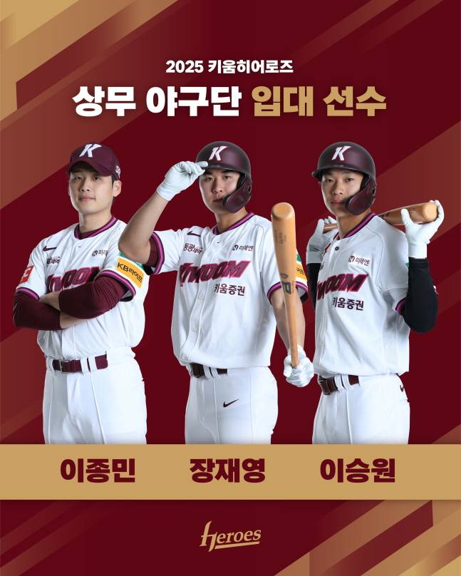 12일 상무에 입대하는 키움 이종민(왼쪽부터), 장재영, 이승원. /사진=키움 히어로즈 제공