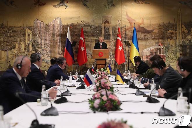 레제프 타이이프 에르도안 터키 대통령이 29일(현지시간) 이스탄불에서 러시아와 우크라이나 5차 휴전 협상의 개회사를 하고 있다. ⓒ AFP=뉴스1 ⓒ News1 우동명 기자