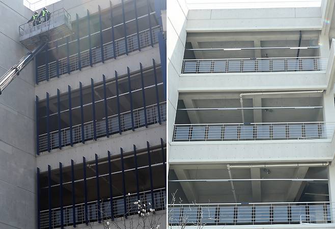 창원NC파크 ‘루버’ 철거 전(왼쪽)과 후 모습. 사진 | 창원=연합뉴스