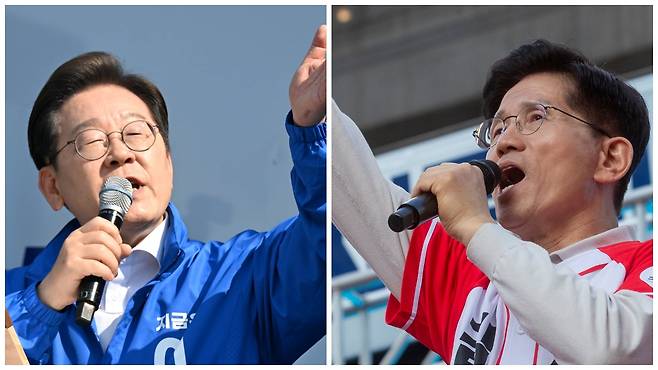 이재명(왼쪽) 더불어민주당 대선후보와 김문수 국민의힘 대선후보가 12일 선거유세를 하고 있다./남강호·김지호 기자