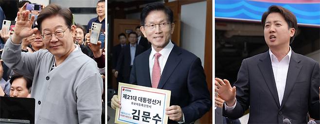 제21대 대선 공식 선거운동이 12일 0시 시작됐다. 더불어민주당 이재명 후보와 국민의힘 김문수 후보, 개혁신당 이준석 후보(왼쪽 사진부터) 등은 주말 동안 중앙선거관리위원회에 후보 등록을 마쳤다. 선거운동은 6·3대선 하루 전인 다음 달 2일까지 22일간 이어진다. 이재명 후보와 김문수 후보, 이준석 후보는 첫 선거운동 장소로 각각 서울 광화문광장, 서울 송파구 가락시장, 전남 여수산단을 택했다. 영암=뉴시스·과천=박형기 기자 oneshot@donga.com·이준석 캠프 제공