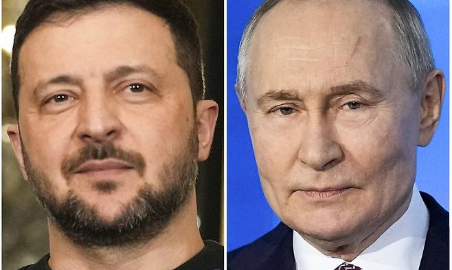 볼로디미르 젤렌스키 우크라이나 대통령, 블라디미르 푸틴 러시아 대통령의 모습. AP연합뉴스