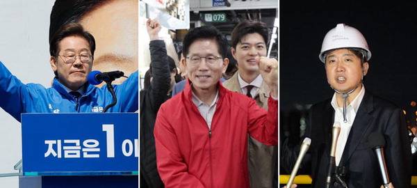 6·3 대통령 선거를 앞두고 각 정당 대선 후보들이 공식 선거운동 첫날인 12일 본격 유세에 돌입했다. 사진은 왼쪽부터 서울 광화문 청계광장에서 출정식을 하는 더불어민주당 이재명 후보, 서울 가락시장에서 상인들과 인사하는 국민의힘 김문수 후보, 전남 여수시 금호피앤비화학 여수2공장에서 발언하는 개혁신당 이준석 후보. 각 정당 제공·연합뉴스
