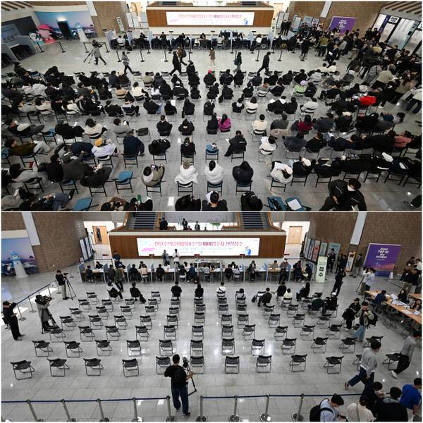 지난 3월6일 인천시청 중앙홀에서 천원주택(매입임대) 예비입주자 첫날 접수대기 모습(위)과 12일 같은 장소에서 열린 천원주택(전세임대) 접수 첫날 현장(아래). 조병석기자