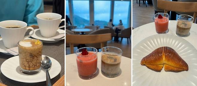 (왼쪽부터 차례로) 남대문 그라니따와 수면 주스, 청보리 라떼, 남산 크루아상 / 사진=홍지연 여행+ 기자